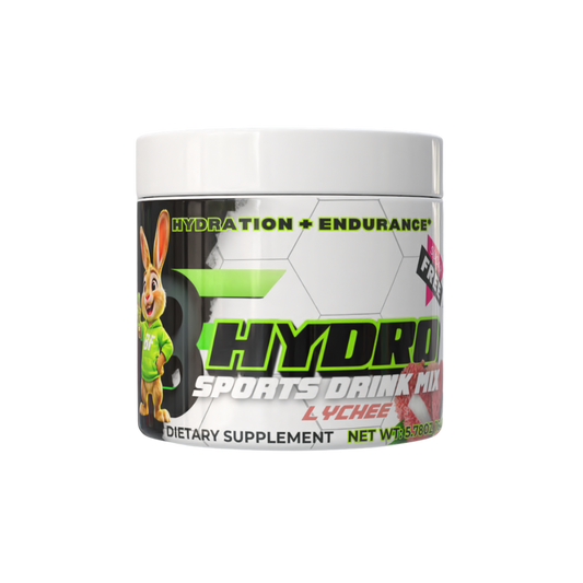 Hydro Sports Drink Mix Lychee flavor by Bunny Fuel, sugar-free electrolyte-rich hydration for athletes.