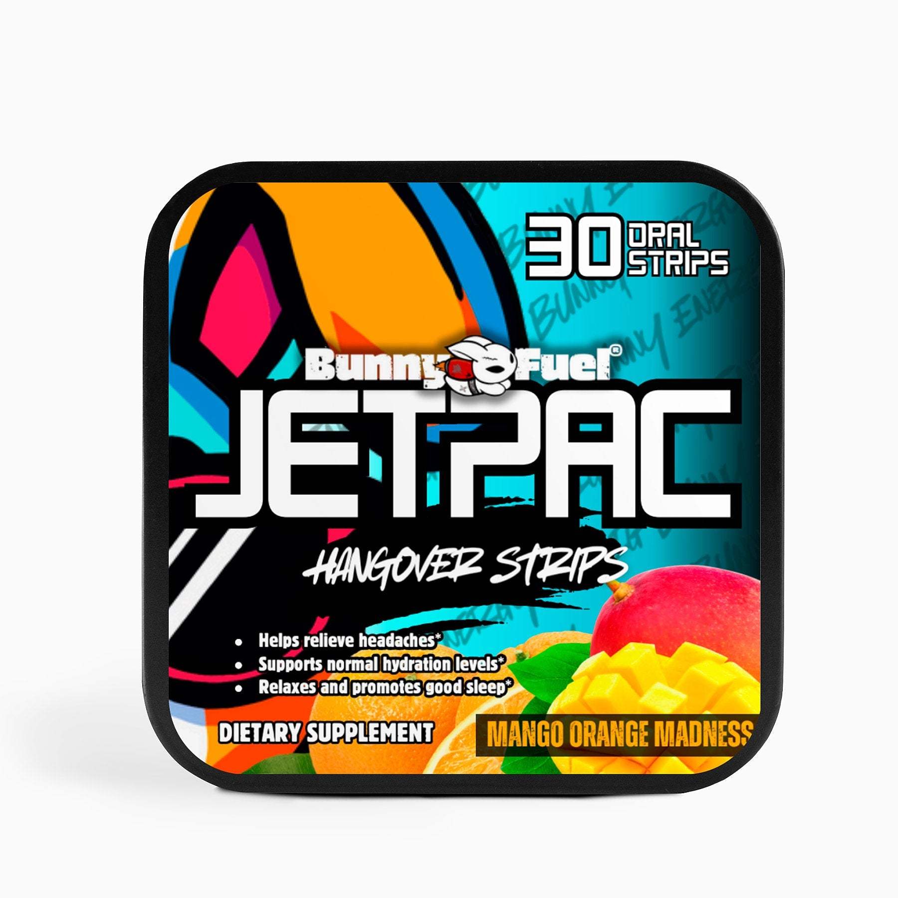 JetPac Hangover Relief Strips package, mango orange flavor, 30 oral strips for quick hangover recovery and natural rejuvenation.