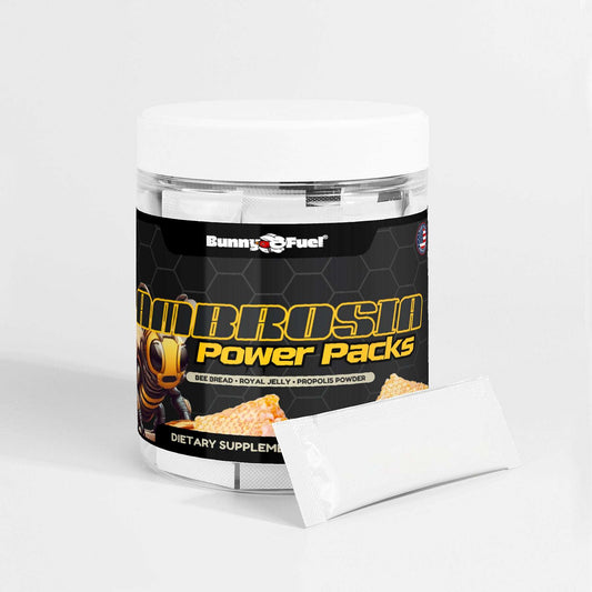 Ambrosia Power Packs Bee Bread Powder jar with sachet, offering nutritional support with bee bread, propolis, and royal jelly.