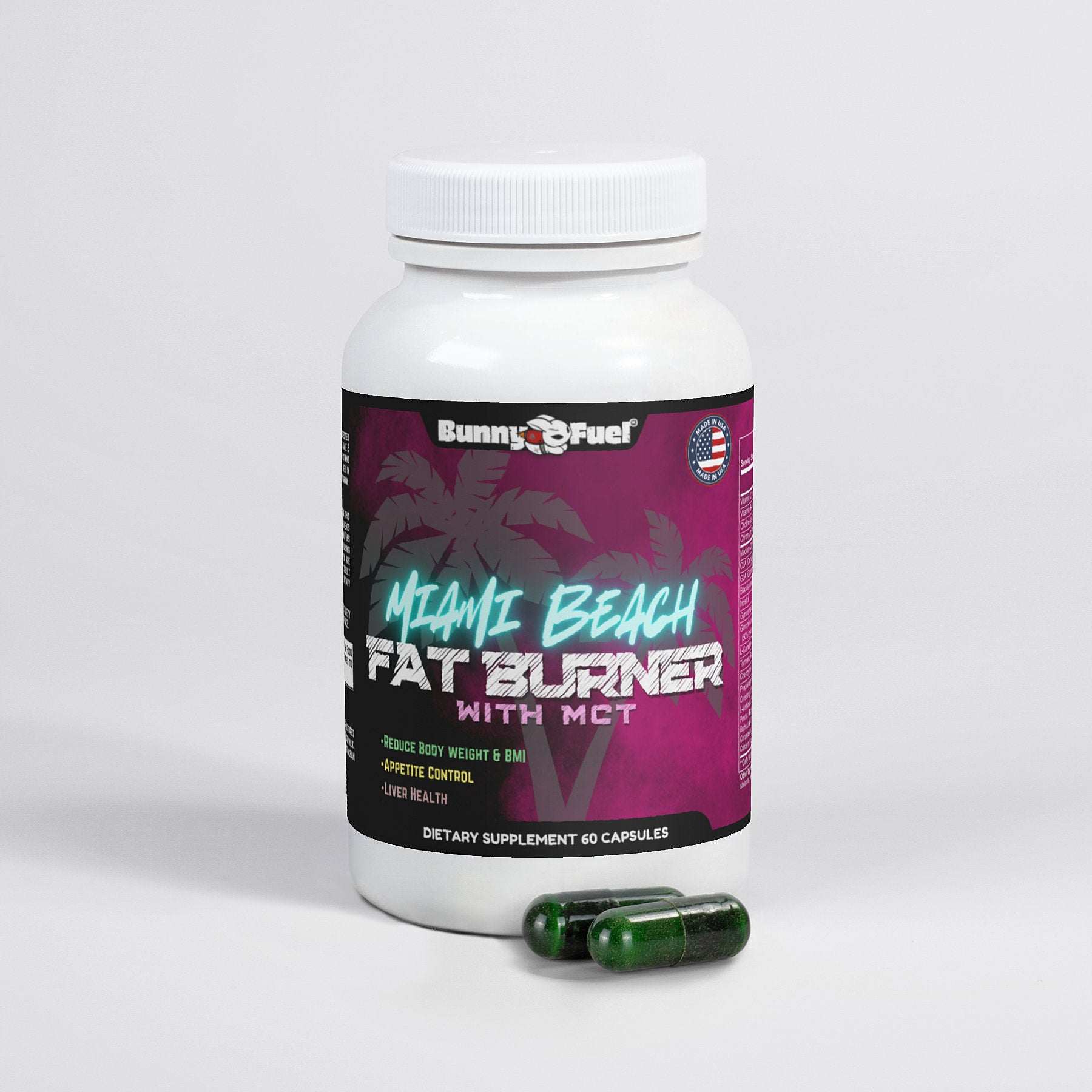 Miami Beach Fat Burner capsules by Bunny Fuel for weight loss and energy boost.