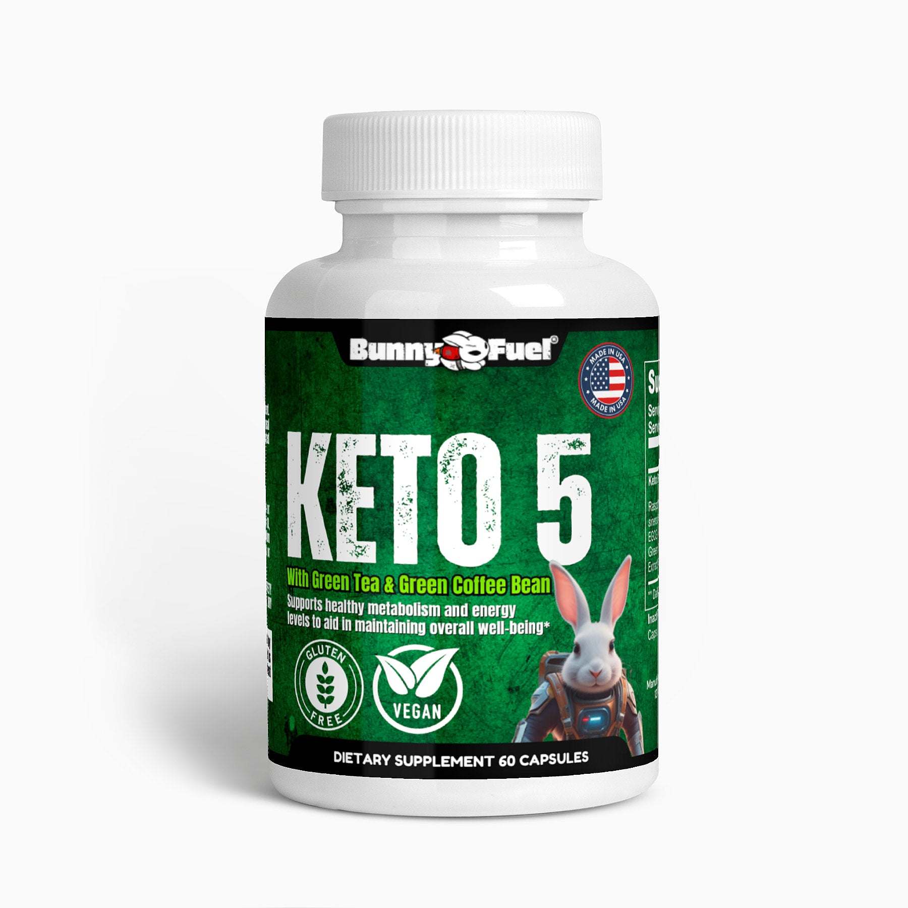 Bunny Fuel Keto-5 Supplement bottle with green label, high-quality BHB ketones for ketogenic support.