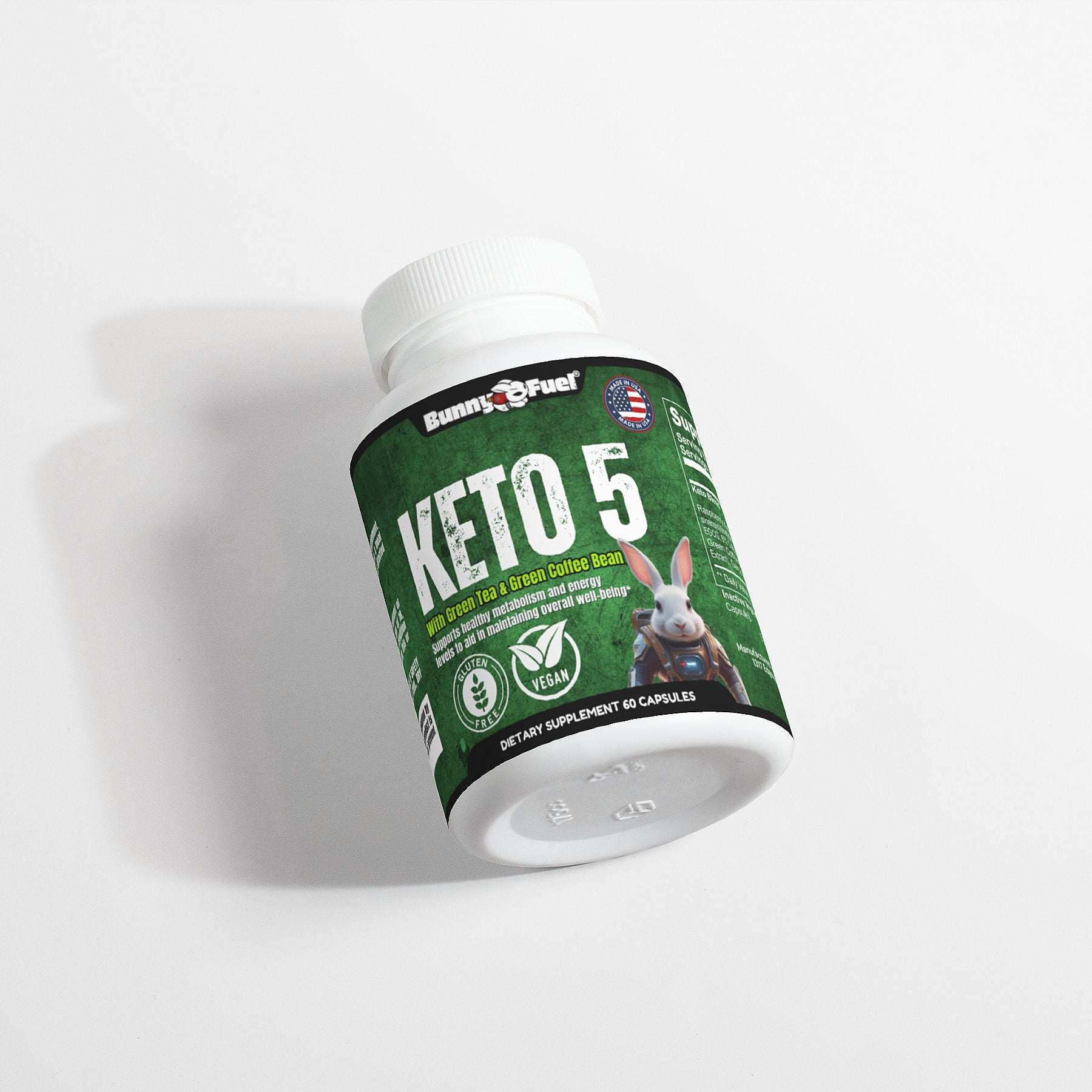 Bunny Fuel Keto-5 Supplement bottle with BHB ketones for metabolism boost and weight loss.