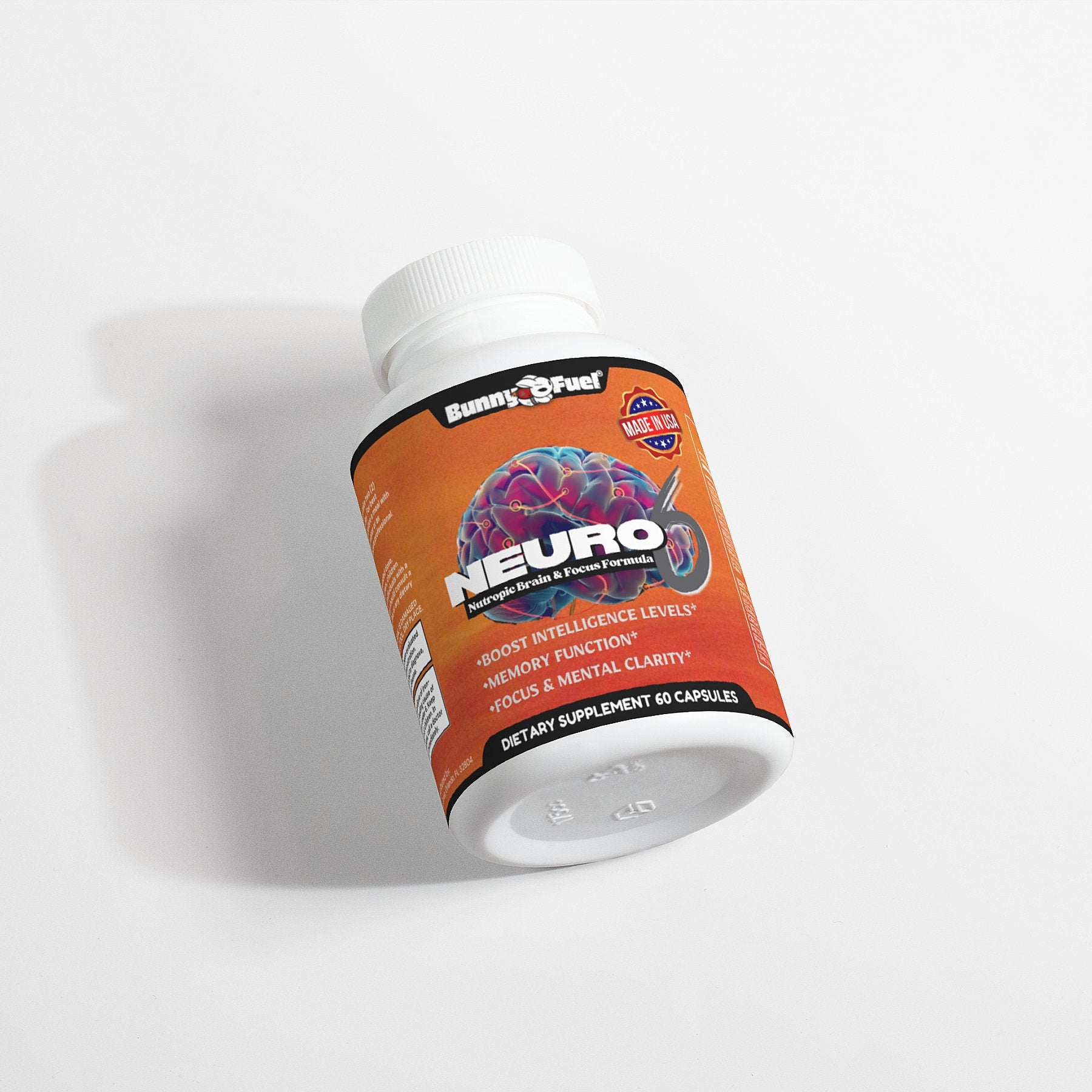 NEURO6 Nootropic Focus Fuel bottle on white background promoting cognitive enhancement.