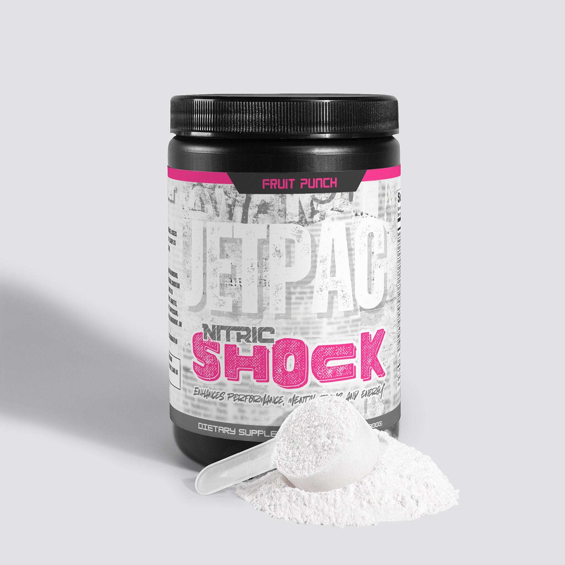 Nitric Shock Pre-Workout Fruit Punch canister with powder