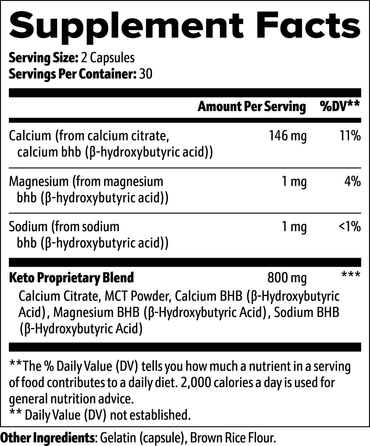 Keto BHB Capsules supplement facts label showing ingredients and daily values.