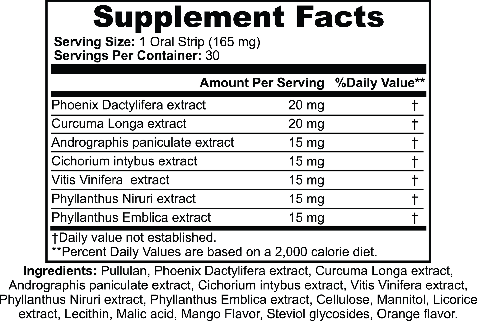 Supplement facts of JetPac Hangover Relief Strips detailing ingredients and serving size.