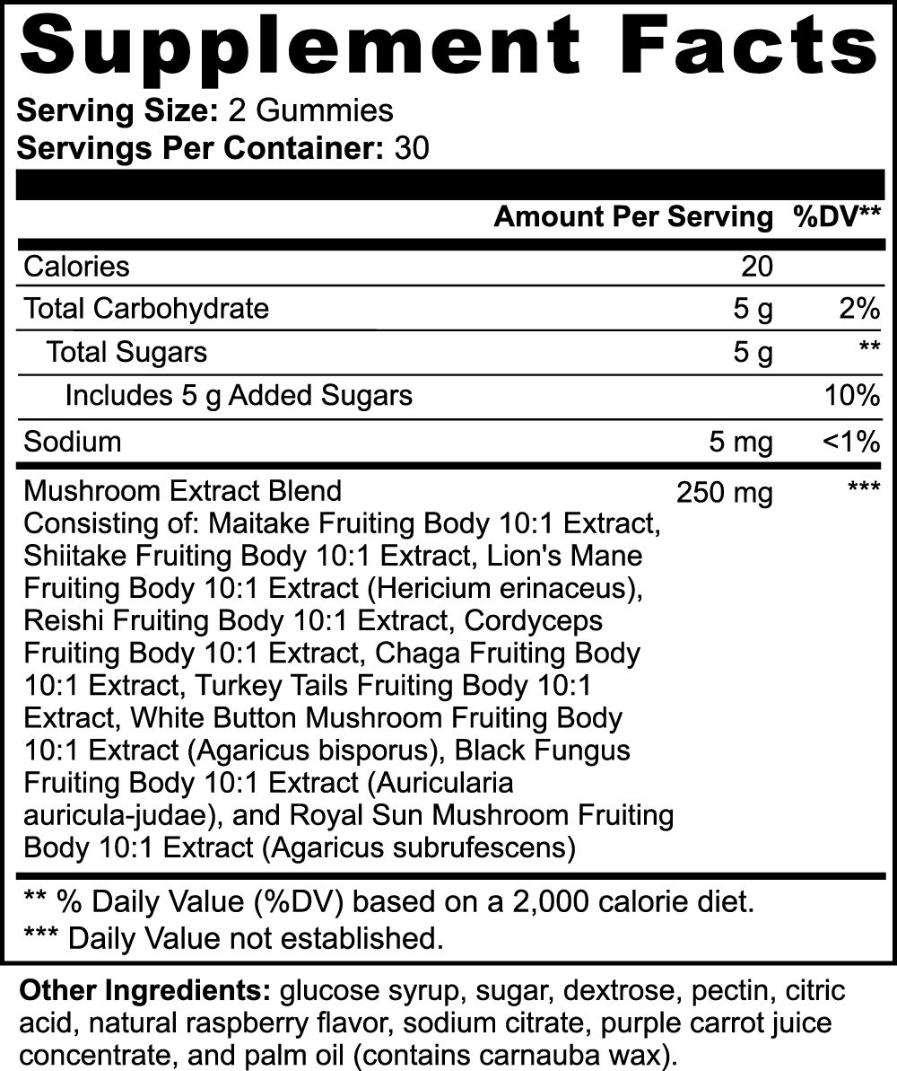 Supplement facts label for Fun-Gi Mushroom Extract Complex Gummies showing nutrition and ingredient details.