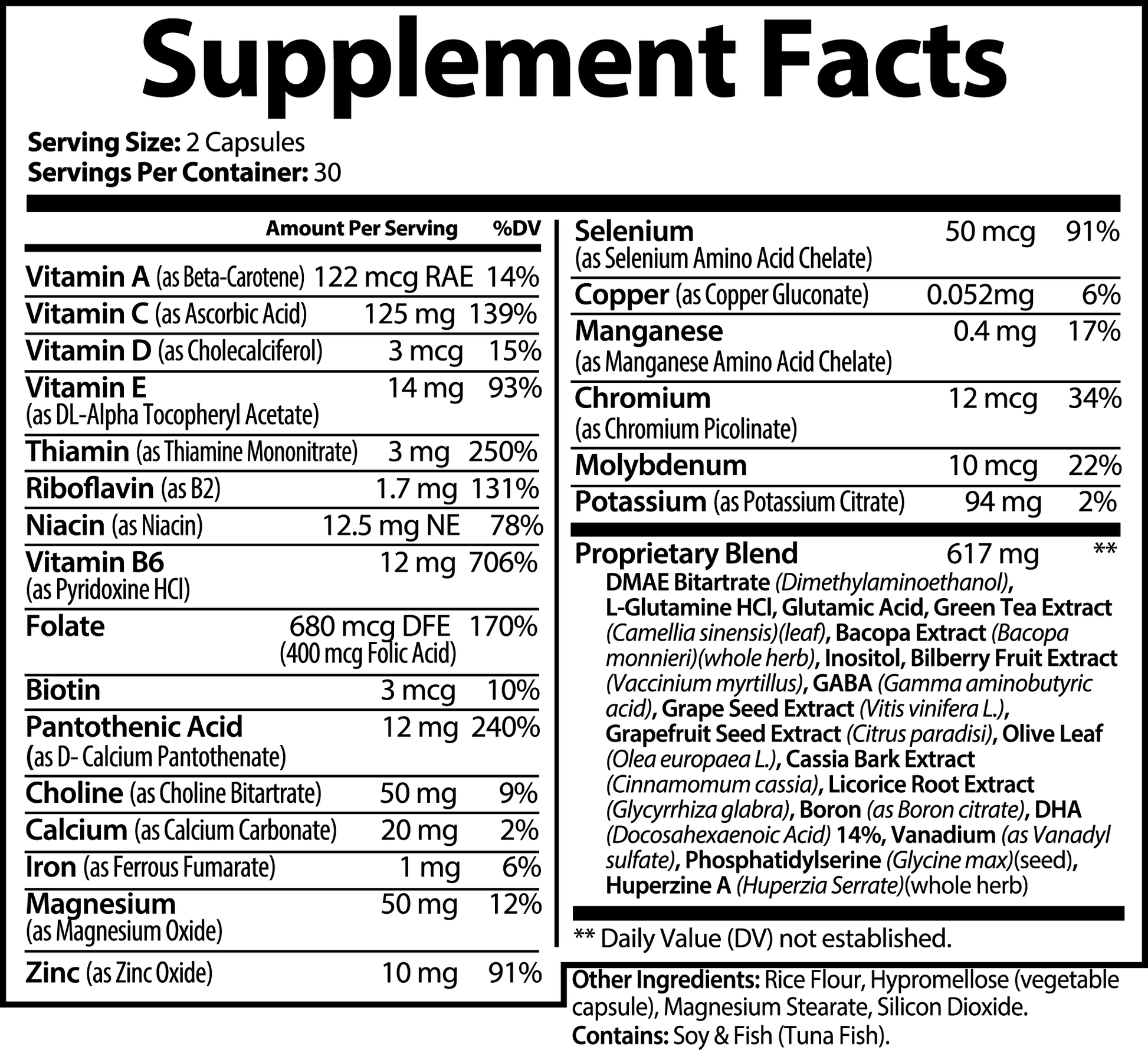 NEURO6 Nootropic Focus Fuel supplement facts highlighting ingredients like DMAE Bitartrate, L-Glutamine, and soy & fish allergens.