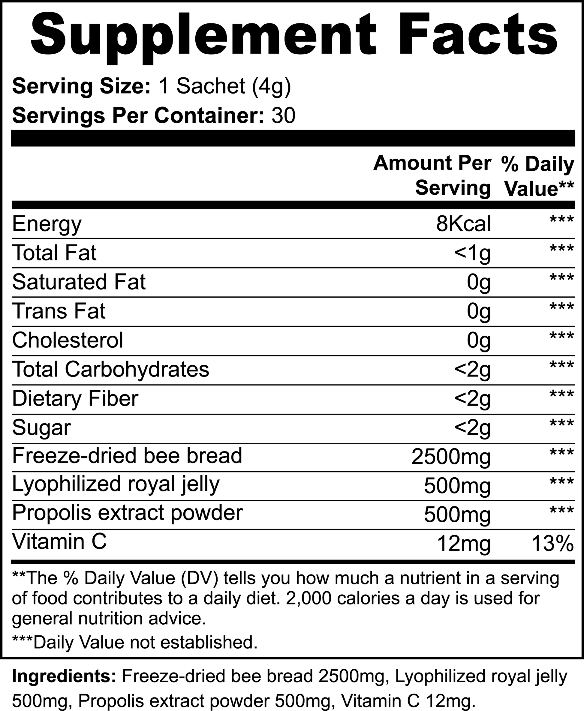 Ambrosia Power Packs bee bread powder supplement facts label.