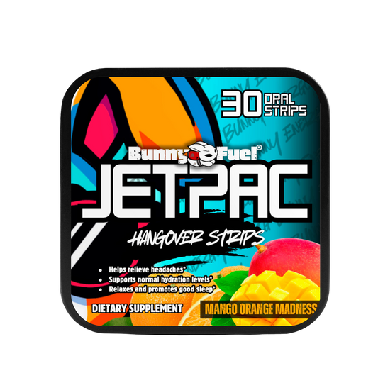 JetPac Hangover Relief Strips packaging with mango orange flavor, featuring 30 oral strips for hangover recovery.