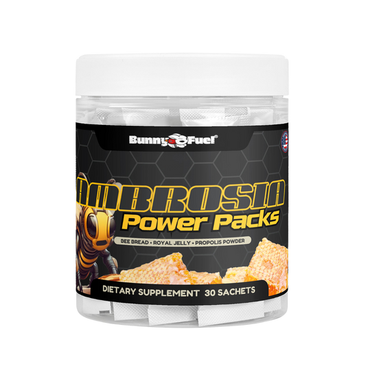 Ambrosia Power Packs Bee Bread Powder dietary supplement, 30 sachets, featuring bee bread, royal jelly, and propolis.