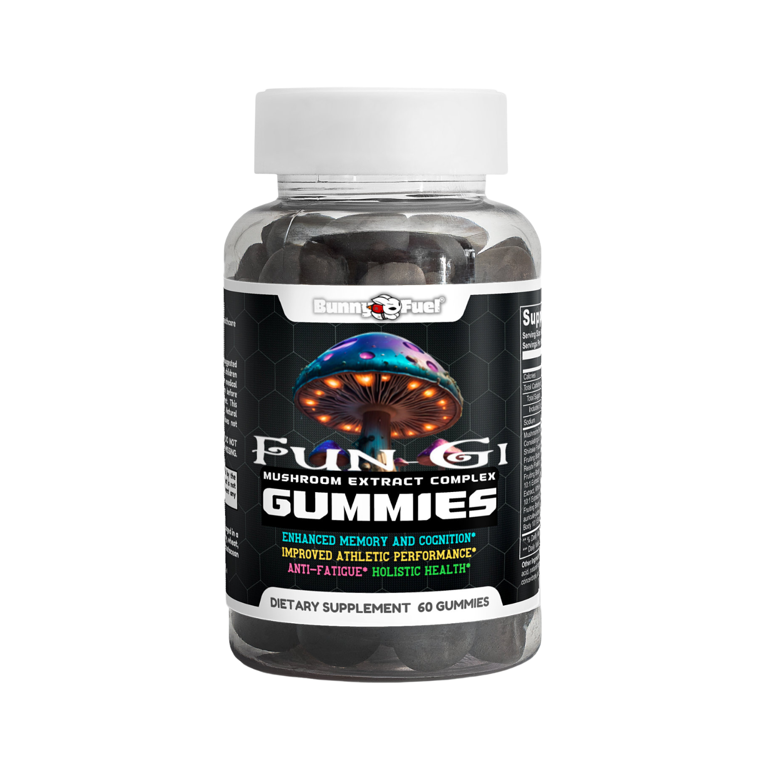 Fun-Gi Mushroom Extract Complex Gummies bottle, raspberry flavor, 60 gummies, supports cognition and energy, USA made.