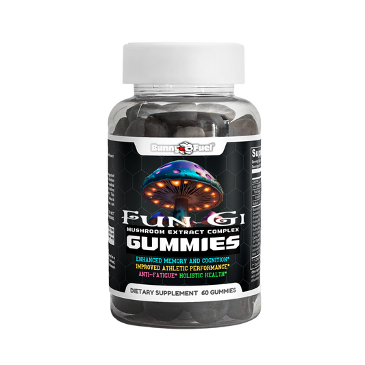 Fun-Gi Mushroom Extract Complex Gummies bottle, raspberry flavor, 60 gummies, supports cognition and energy, USA made.