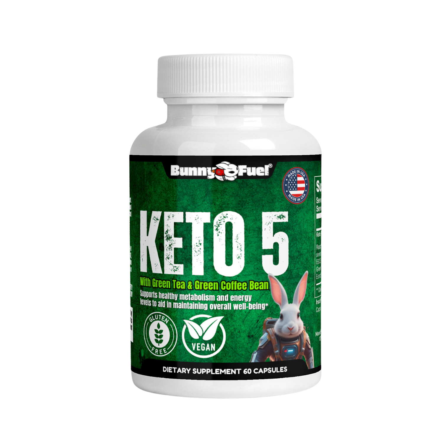 Bunny Fuel Keto-5 Supplement bottle with green label featuring BHB ketones for energy and weight loss support.