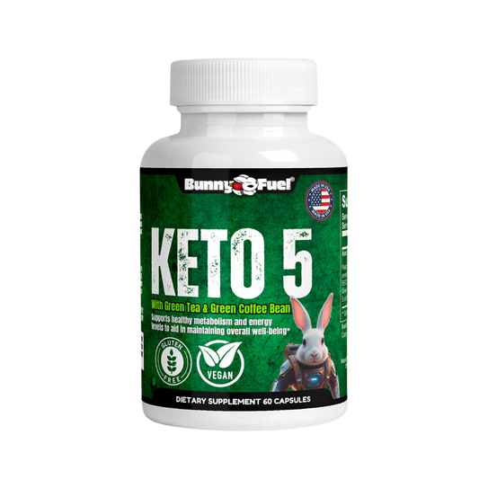 Bunny Fuel Keto-5 Supplement bottle with green label featuring BHB ketones for energy and weight loss support.