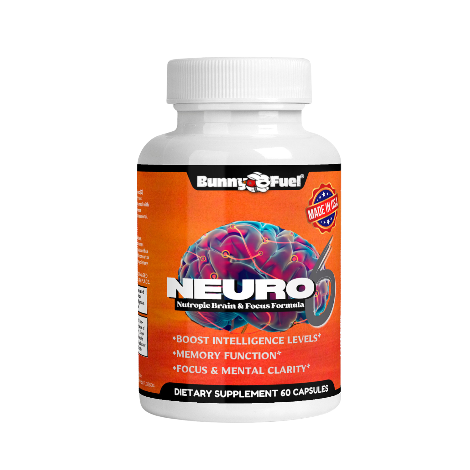 NEURO6 Nootropic Focus Fuel bottle, dietary supplement for enhanced cognitive performance.