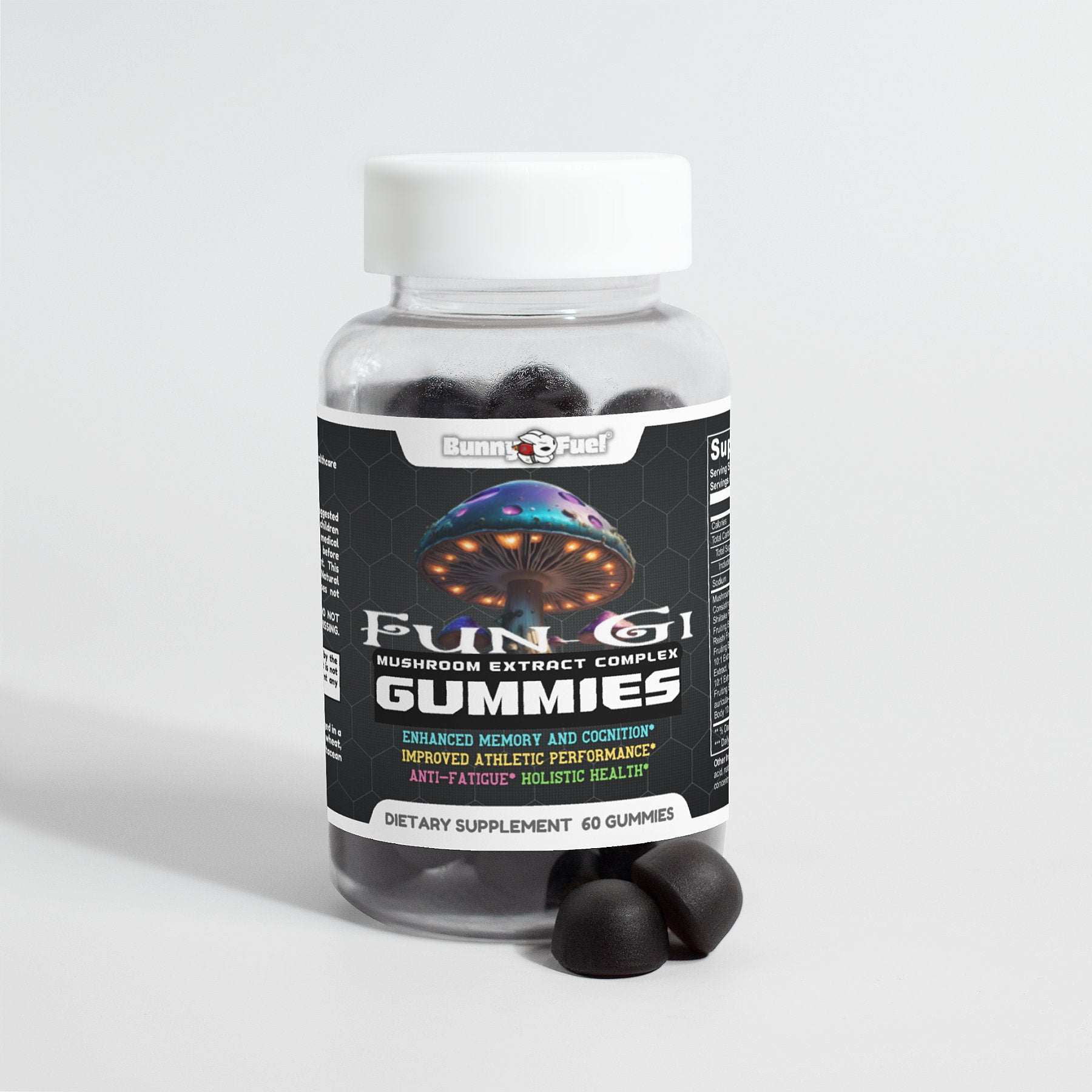 Fun-Gi Mushroom Extract Complex Gummies in a clear bottle, 60 count, raspberry flavor, featuring high-quality mushroom blend for cognitive support and energy boost, made in the USA.