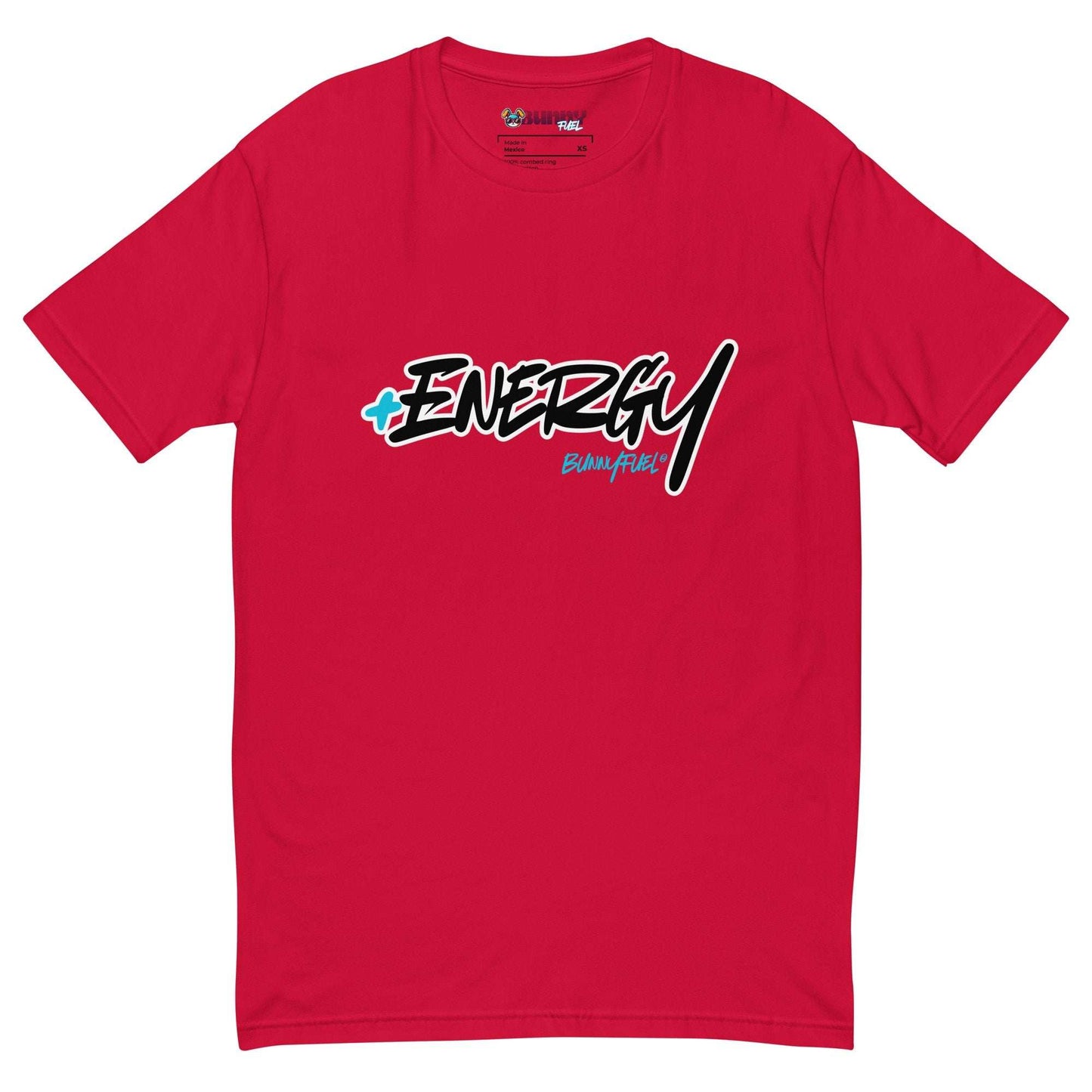 Red crew neck t-shirt with "Energy Bunny Fuel®" design, lightweight and form-fitting for style and motivation.