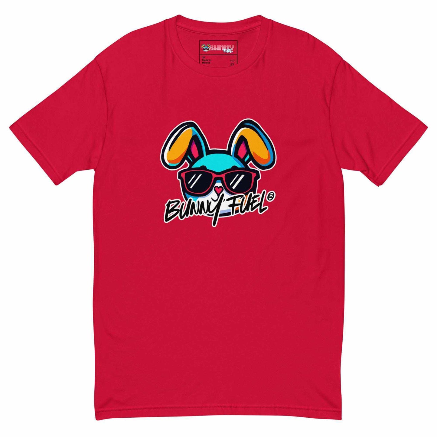 Red crew neck short sleeve t-shirt with colorful Bunny Fuel® logo design.