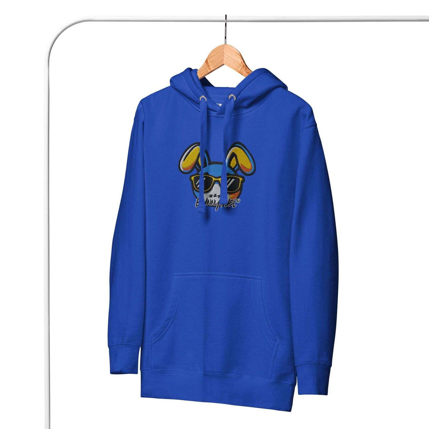 Blue Silent Bunny Comfy Hoodie with playful bunny logo hanging on a hanger.