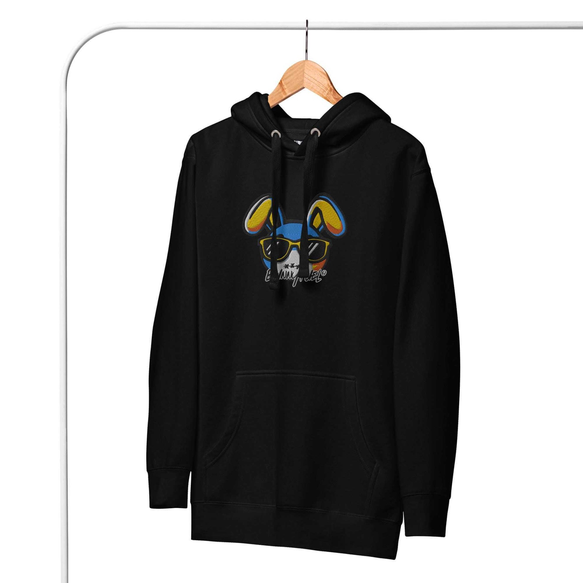 Silent Bunny Comfy Hoodie with whimsical logo on a hanger showcasing stylish and cozy design.