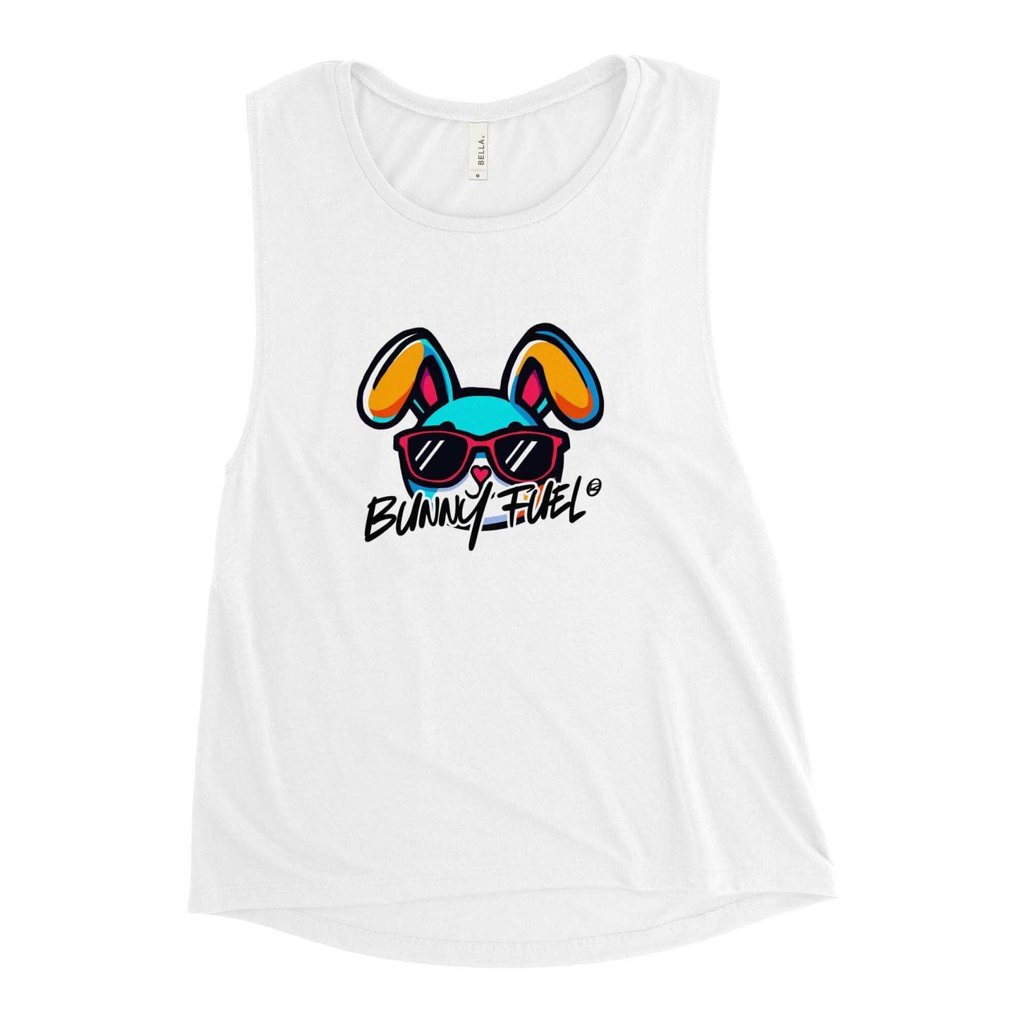 White tank top for women featuring Bunny Fuel logo with relaxed fit and low cut armholes.